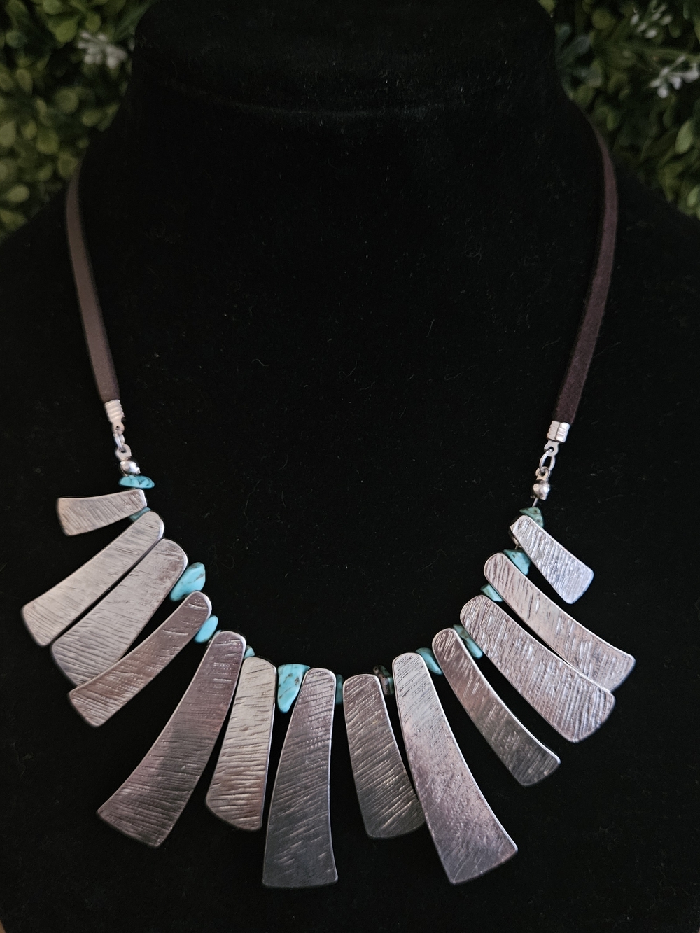 Western Necklace, Fan Design Silver with Turqoise Pieces and Leather Cord
